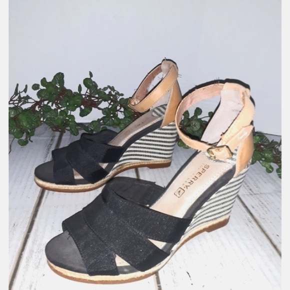 Sperry Top-Sider Striped Ankle Wedge - Black/White - Tan Leather - Picture 9 of 13